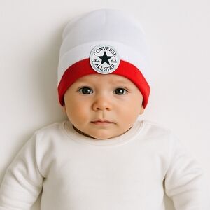 Converse All Star Beanie Hat White Red Knit Logo Patch Unisex 6 Months Casual St